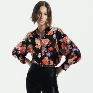 Zara Medium Floral Print Satin Shirt - Black Base Size M NEW WITH TAG!